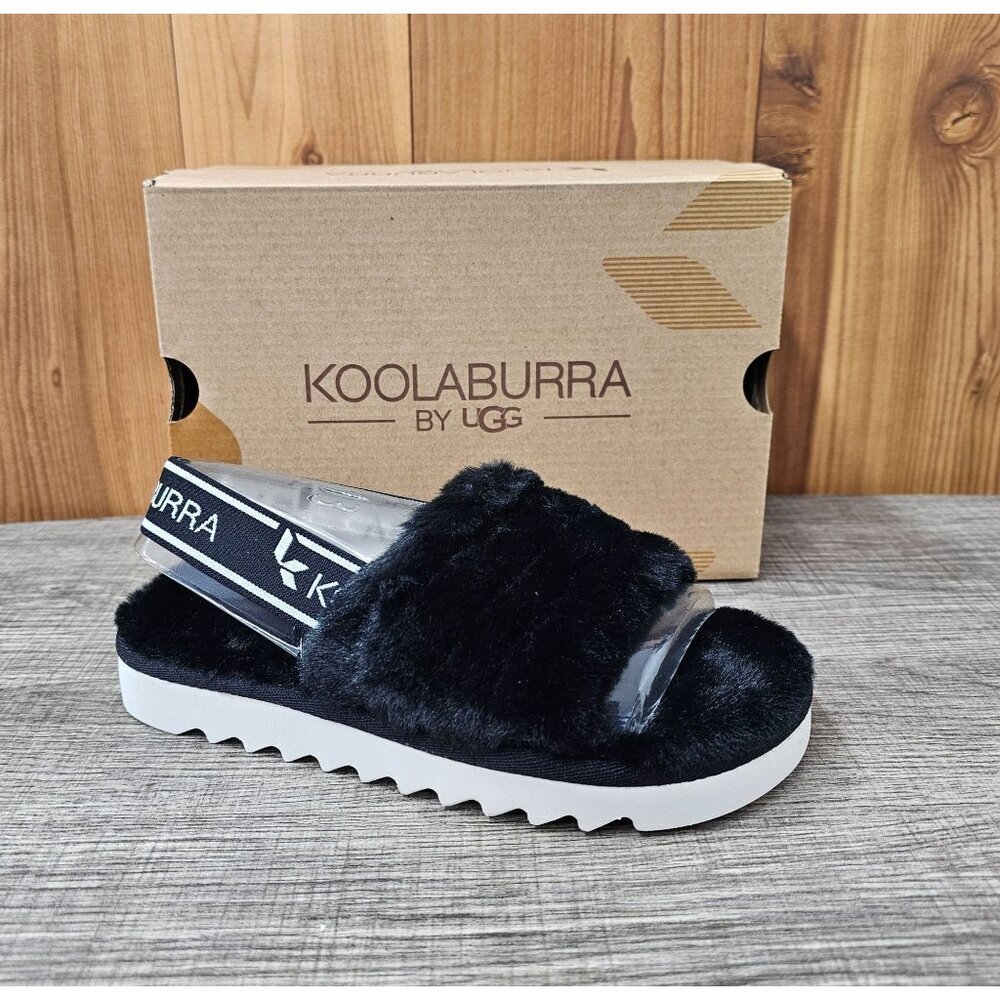 Koolaburra By UGG K Fuzz'n Black Faux Fur Kid's Slippers Size 12